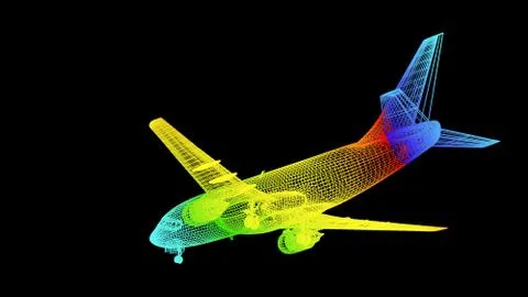3d rendering of an outline rainbow color plane object on black Stock Illustration