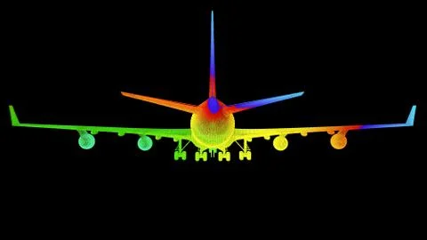 3d rendering of an outline rainbow color plane object on black Stock Illustration