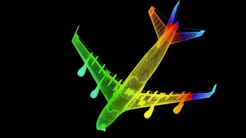 3d rendering of an outline rainbow color plane object on black Stock Illustration
