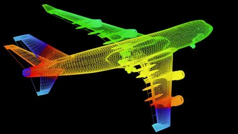 3d rendering of an outline rainbow color plane object on black Stock Illustration