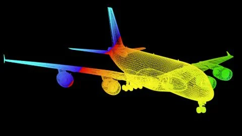 3d rendering of an outline rainbow color plane object on black Stock Illustration