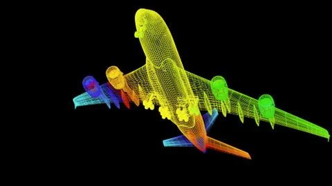 3d rendering of an outline rainbow color plane object on black Stock Illustration