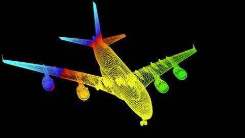 3d rendering of an outline rainbow color plane object on black Stock Illustration