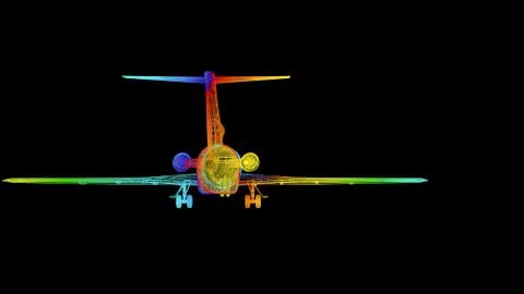 3d rendering of an outline rainbow color plane object on black Stock Illustration