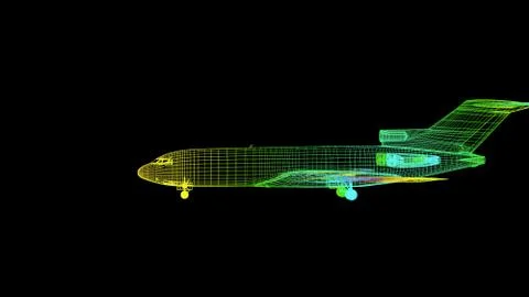 3d rendering of an outline rainbow color plane object on black Stock Illustration