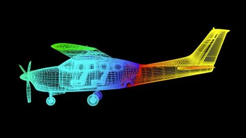 3d rendering of an outline rainbow color plane object on black Stock Illustration