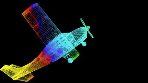 3d rendering of an outline rainbow color plane object on black Stock Illustration