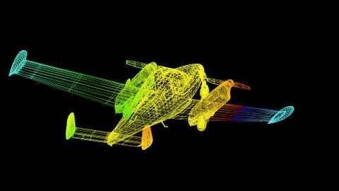 3d rendering of an outline rainbow color plane object on black Stock Illustration