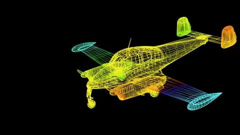 3d rendering of an outline rainbow color plane object on black Stock Illustration