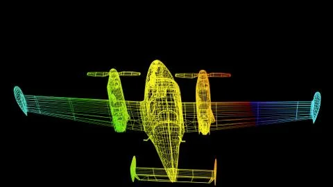 3d rendering of an outline rainbow color plane object on black Stock Illustration
