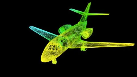 3d rendering of an outline rainbow color plane object on black Stock Illustration