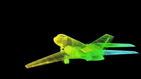 3d rendering of an outline rainbow color plane object on black Stock Illustration