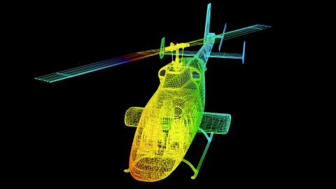 3d rendering of an outline rainbow color plane object on black Stock Illustration