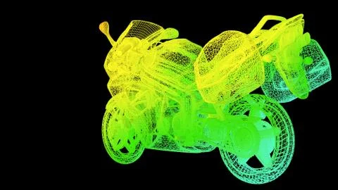3d rendering of an outline rainbow color motor object on black Stock Illustration