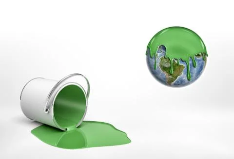 3d rendering of a overturned green paint bucket lying beside an Earth globe half Stock Illustration