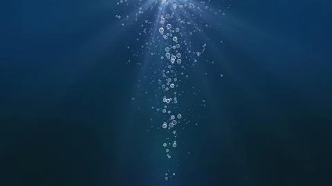 3D rendering of oxygen bubbles rising up in ray of sunlight. Sea underwater blue Illustrazione stock