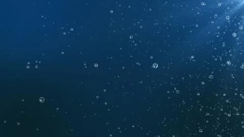3D rendering of oxygen bubbles rising up in ray of sunlight. Sea underwater blue Stock Illustration