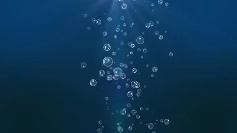 3D rendering of oxygen bubbles rising up in ray of sunlight. Sea underwater blue Illustrazione stock