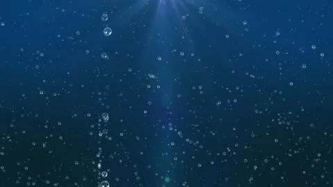 3D rendering of oxygen bubbles rising up in ray of sunlight. Sea underwater blue Illustrazione stock