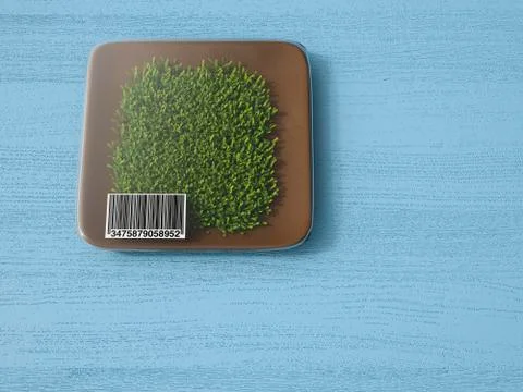 3D rendering, Packadged grass with bar code on cocloful background Stock Illustration