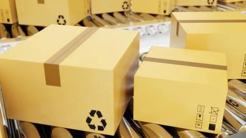 3D rendering Packages delivery, packaging service and parcels transportation Stock Illustration