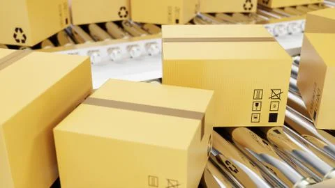 3D rendering Packages delivery, packaging service and parcels transportation Illustrazione stock