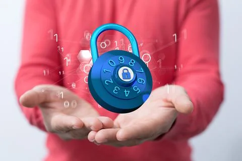 3D rendering of a padlock and binary codes on a man's palms Stock Photos
