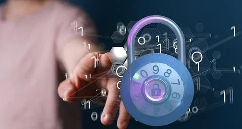 A 3D rendering of a padlock with binary codes floating over hands- Secure Acc 写真素材