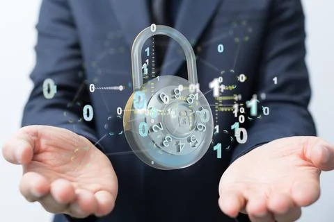 A 3D rendering of a padlock with binary codes floating over hands-  Secure Ac 写真素材