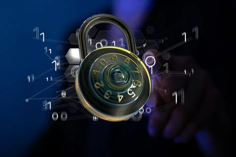 A 3D rendering of padlock with binary codes with hand touching it from behind Stock Photos