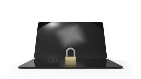 3d rendering of a padlock standing on a laptop isolated in white background Stock Illustration