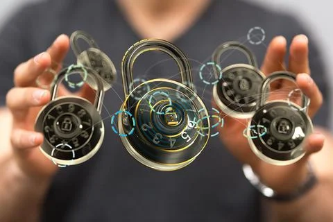 3D rendering of padlocks hovering between a man’s hands - cybersecurity con Stock Photos