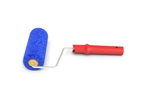 3d rendering of a paint roller in front view with a red handle and a blue fluffy Stock Illustration
