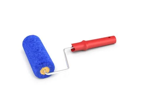 3d rendering of a paint roller in front view with a red handle and a blue fluffy Stock Illustration