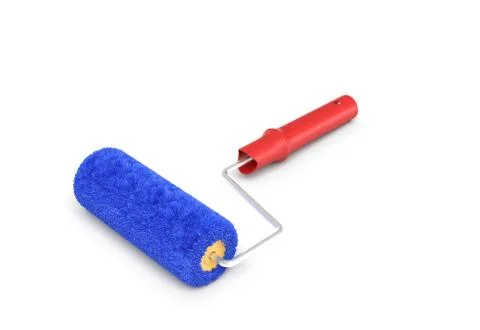 3d rendering of a paint roller in front view with a red handle and a blue fluffy Stock Illustration