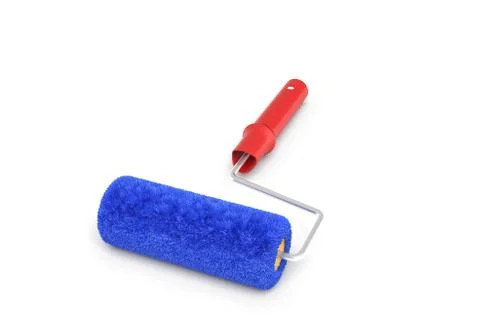 3d rendering of a paint roller in front view with a red handle and a blue fluffy Illustrazione stock