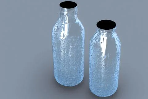 3d rendering of a pair of empty bottles with blue transparent glass on a blue ba Illustrazione stock