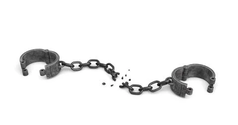 3d rendering of a pair of open metal shackles with a broken chain link on white Stock Illustration