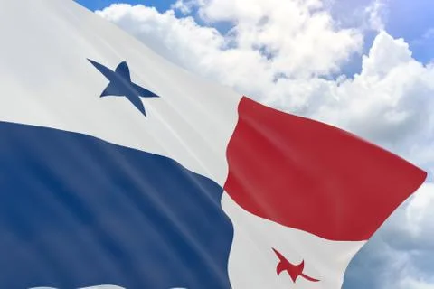 3D rendering of Panama flag waving on blue sky background Stock Photos
