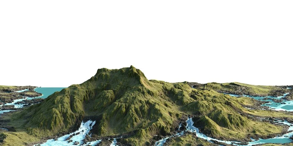 3D rendering of the panorama view of the mountain surrounded by the streams. Stock Illustration