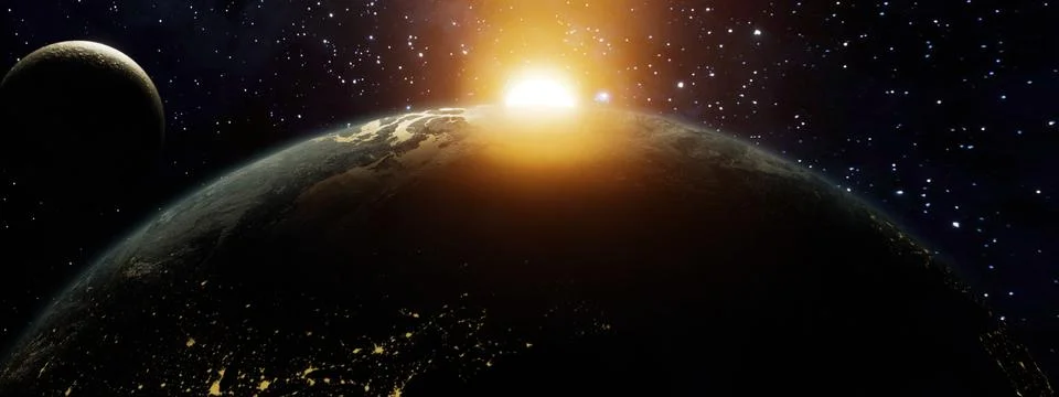 3d Rendering, Panoramic Earth with sun gazing over the top. moon coming intro Stock Illustration