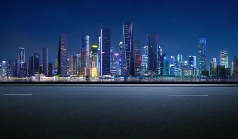 3d rendering Panoramic side view asphalt road on night Stock Photos