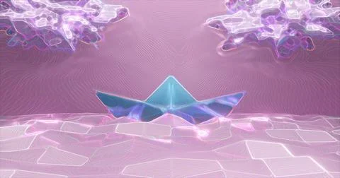 3d rendering. Paper boat made of light paper on the background of low-poly se Stock Illustration