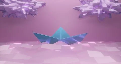 3d rendering. Paper boat made of light paper on the background of low-poly se Stock Illustration