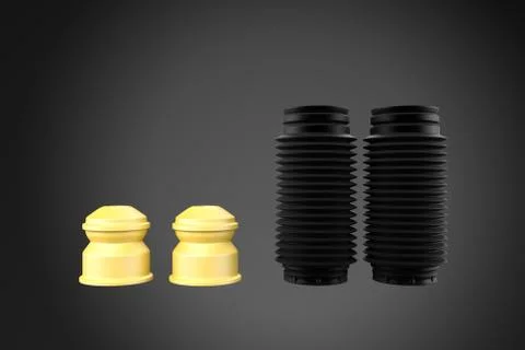 3D rendering. Passenger car dust cap and buffer mounting, new auto parts, spare Stock Photos
