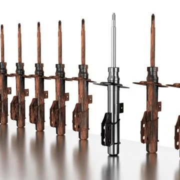 3D rendering. Passenger car Shock Absorber, new and old, rust auto parts, spare Stock Photos