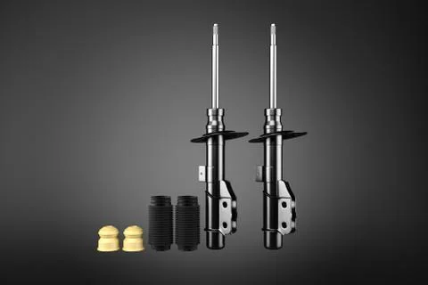 3D rendering. Passenger car Shock Absorber, new auto parts, spare parts. Stock Photos