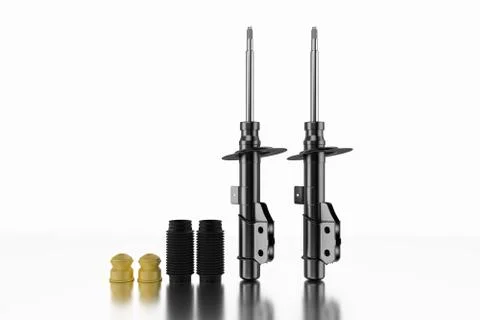 3D rendering. Passenger car Shock Absorber, new auto parts, spare parts. Stock Photos