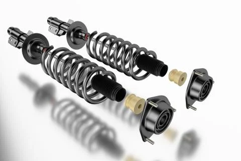 3D rendering. Passenger car Shock Absorber with dust cap, buffer mounting and Stock Photos