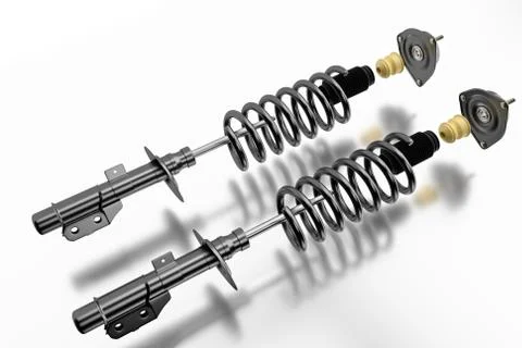 3D rendering. Passenger car Shock Absorber with dust cap, buffer mounting and Stock Photos